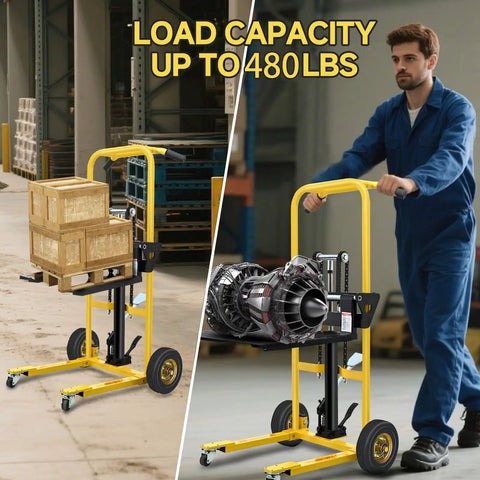 Hydraulic Material Lift Pallet Jack Table Cart with 480 lb Capacity and 35 Inch Lift, shown lifting boxes and machine parts.
