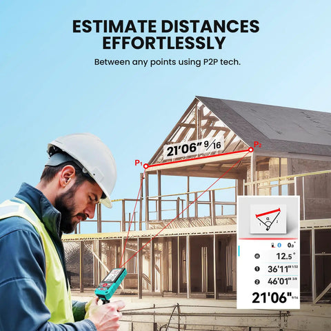 Construction worker using Laser Measure 328 Feet Distance Meter With Two Bubble Levels for roof measurement, backlit LCD display visible.