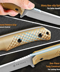 Close-up of Beefy Fixed Blade Survival Knife With Khaki Full Tang Handle And Adjustable Sheath For Camping And Hiking Rugged Outdoor Gear