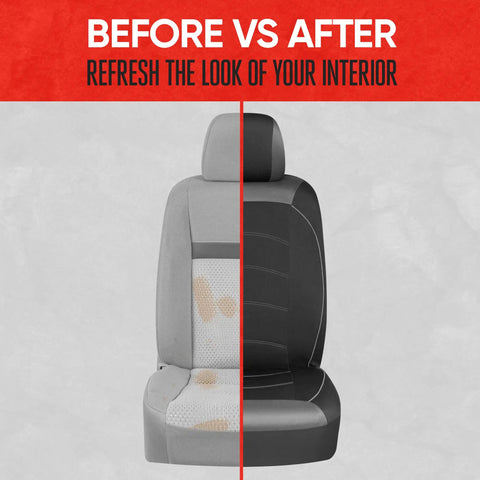 Before and after view of car seat with Black Cloth Car Seat Covers For Front Seats Premium Bucket Style Fits Cars Trucks SUVs