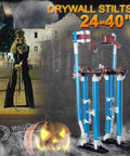 Adjustable Drywall Stilts 24 To 40 Inches With Lightweight Aluminum Frame And Knee Pad Protection next to Halloween decorations.
