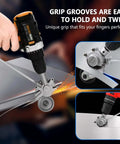 Electric Drill Plate Cutter Attachment For Metal Cutting in use, showing grip grooves and metal shearing on sheet.