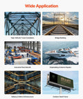 Magnetic drill press collage showing industrial uses: towers, bridges, plants, shipyards, rails, metal frames.