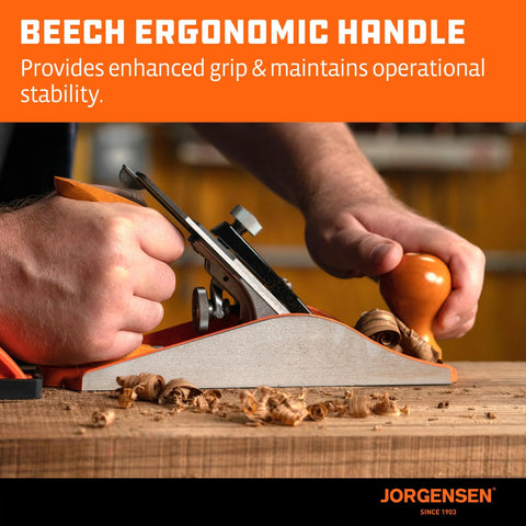 Jorgensen No.4 10-inch wood plane with ductile iron body and orange knob handle.