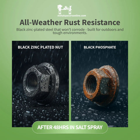 M6 X 1.0 Black Zinc Flange Nuts 25 Pack Badass Metric Hardware Built Tough For Automotive Projects displayed in a rain test.