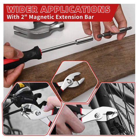 58 Piece Home Repair Tool Kit For Quick Fixes And Everyday Projects, Handy Small Plastic Toolbox Set For Women, Office And College Dorm, Red Basic Hand Tools Bundle For DIY, Furniture Assembly And Picture Hanging shown with pliers and screwdriver.
