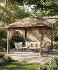 13x13 Pop Up Gazebo With Mosquito Netting, Double Roof Design And Adjustable Height in garden setting, providing full shade.