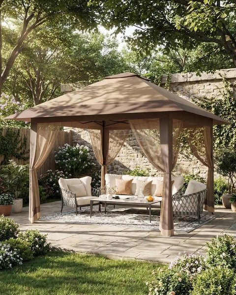 13x13 Pop Up Gazebo With Mosquito Netting, Double Roof Design And Adjustable Height in garden setting, providing full shade.