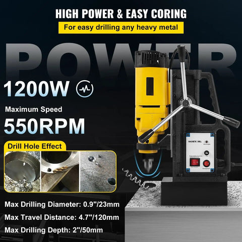 1200W Portable Magnetic Drill Press For Heavy Duty Steel Drilling 23mm Core Bit Capacity 550 RPM Max Boring Speed with drill bit.