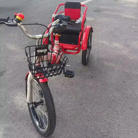 Folding Tricycle With Rear Passenger Seat And Backrest In PU Leather Adjustable Height Tandem Rickshaw