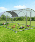 Heavy Duty Metal Chicken Coop With Weatherproof Canopy For Farm And Backyard Use Supporting Chickens Ducks And Rabbits, Rust Resistant Steel Frame, Dome Roof Roosting Perch, 10 Ft Wide By 19.7 Ft Long By 6.4 Ft High on grass field