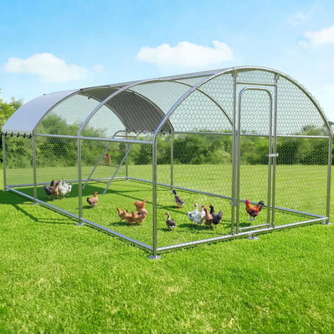 Heavy Duty Metal Chicken Coop With Weatherproof Canopy For Farm And Backyard Use Supporting Chickens Ducks And Rabbits, Rust Resistant Steel Frame, Dome Roof Roosting Perch, 10 Ft Wide By 19.7 Ft Long By 6.4 Ft High on grass field