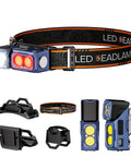 All In One Rechargeable Headlamp With 600 Lumen Front Light And 180 Degree Rotating Side Light featuring motion sensor and accessories