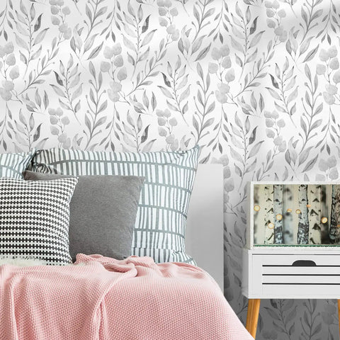 Gray Leaf Peel and Stick Wallpaper Dope Look Floral Self Adhesive Watercolor Leaves for Cabinets and Walls in bedroom decor.