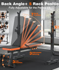 Adjustable Weight Bench With Squat Rack For Home Gym Use showing 7 back angles and 5 rack positions in an orange gym setting.