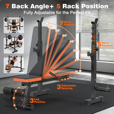 Adjustable Weight Bench With Squat Rack For Home Gym Use showing 7 back angles and 5 rack positions in an orange gym setting.