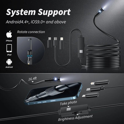 Dual Lens 1920P HD Endoscope Camera with 8 LED Lights and 16.4ft cable showing phone compatibility and IP67 waterproofing.