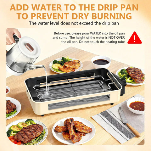 Smokeless Electric Indoor Grill 1500W 2 In 1 With Nonstick Removable Grill And Griddle Plate filled with water on table.