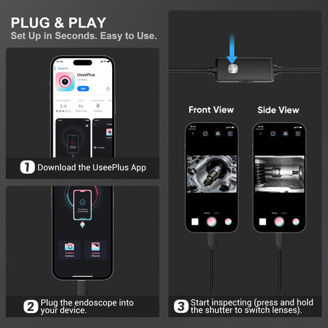 Dual Lens Endoscope Camera With Light 1920P HD Borescope For Tight Spots With 7.9mm Ultra Slim Probe And Front Plus Side View Lenses, app setup guide