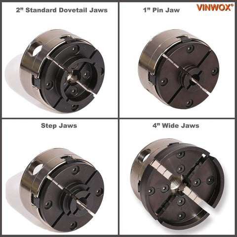 Three And A Half Inch Self Centering Wood Lathe Chuck Set With Round Jaw Mount Includes Step Jaw Pin Jaw Wide Jaw And Adapter Converting 1 By 8 TPI To 3 By 4 TPI Plus Tightening Gear Key T Allen Wrench And Worm Screw Nickel Coated Chuck Body showing various jaw types.