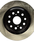 Centric Premium rear brake rotor with black center hub and eight lug holes; brushed outer rotor surface.