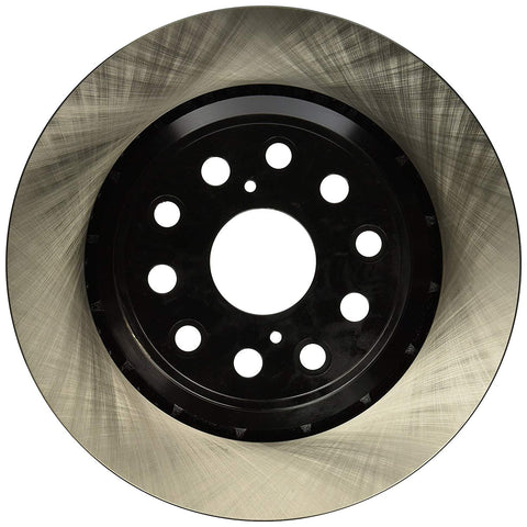 Centric Premium rear brake rotor with black center hub and eight lug holes; brushed outer rotor surface.
