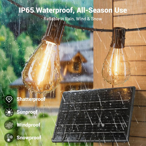 200Ft Solar String Lights Outdoor Waterproof With 72 LED Bulbs Plus 2 Spares, Remote And USB Port, 3 Light Modes, Dimmable Patio Lights for rain