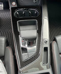 Top view of real carbon fiber center console cover for Audi B9 A4 S4 A5 S5 RS5 2020-2025, installed, matte finish, gear shift panel.