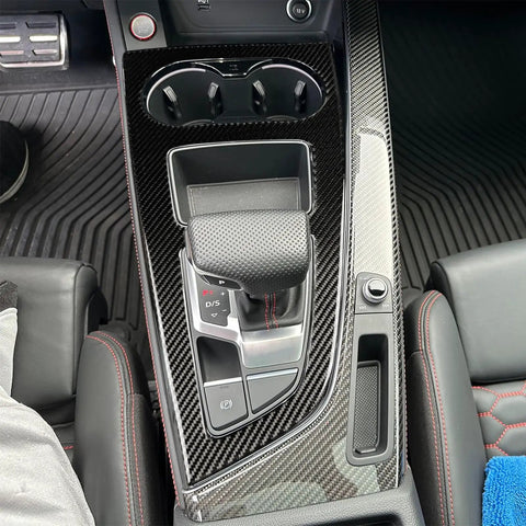 Top view of real carbon fiber center console cover for Audi B9 A4 S4 A5 S5 RS5 2020-2025, installed, matte finish, gear shift panel.