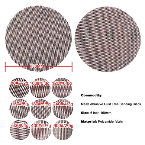Grab These Awesome 6 Inch Mesh Sanding Discs That Are Dust Free And Cool To Use With Hook Loop Backing For Wood Metal And Wall Projects In Super Durable 80 To 600 Grits Made For Heavy Duty Work, showing various grit options.