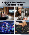 Collage of a movie scene, recording studio, concert, and DJ mixer showcasing uses for Flat XLR Male To XLR Female Microphone Cable 12 Ft Low Profile Balanced Shielded 3 Pin DMX Patch Cord For Studio DJ Stage Live Recording And Speaker Systems With Nickel Plated Connectors