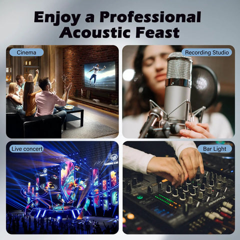 Collage of a movie scene, recording studio, concert, and DJ mixer showcasing uses for Flat XLR Male To XLR Female Microphone Cable 12 Ft Low Profile Balanced Shielded 3 Pin DMX Patch Cord For Studio DJ Stage Live Recording And Speaker Systems With Nickel Plated Connectors