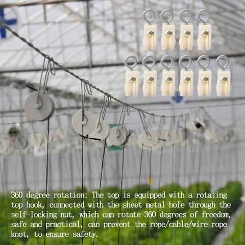 10 Pack White Nylon Hanging Pulleys With Stainless Steel Adjustable Hooks For Home Gym Pulley Systems, DIY Projects, Clothesline, Lifting And Warehouse Use, Versatile Rope And Cable Pulley Gear, shown on clothesline