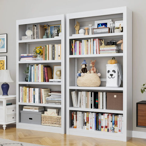 Beefy 5-Tier Metal Bookshelf With Adjustable Shelves, 69 Inch Tall, White Powder-Coated Steel, Bookcase For Home Office