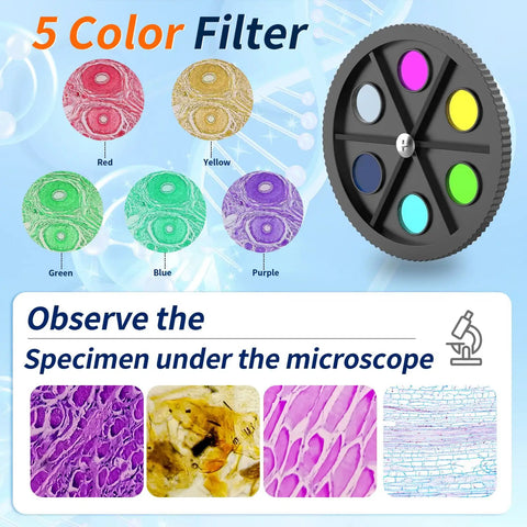 Image showing 5 color filters for Kids And Adults Microscope With 40X To 2500X Magnification for vibrant specimen observation.