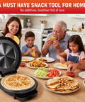 Family enjoying snacks with the Super Cool 11 Inch Electric Quesadilla Maker With Extra Stuffing Latch Non Stick Plates.