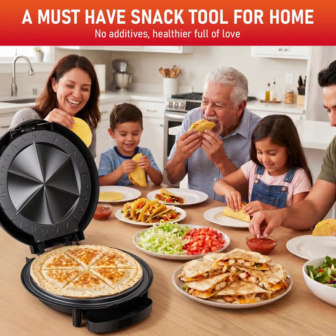 Family enjoying snacks with the Super Cool 11 Inch Electric Quesadilla Maker With Extra Stuffing Latch Non Stick Plates.