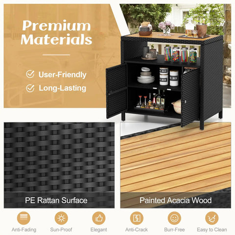 Outdoor Rattan Storage Cabinet With Acacia Wood Countertop Weatherproof Two Door Wicker Sideboard Open Shelf For Quick Access Outdoor Bar Station For Patio Garden Or Poolside Use Black showing open doors and shelf compartments with items