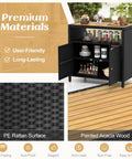 Outdoor Wicker Bar Cabinet with PE Rattan Construction, durable acacia wood countertop, open shelf, two doors, black finish
