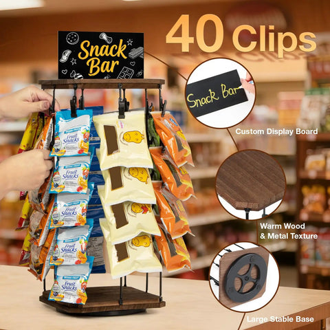 Wooden Chip Rack Display Stand With 5 Tiers And 40 Clips, 360 Degree Rotating Snack Display For Office Countertop, Brown