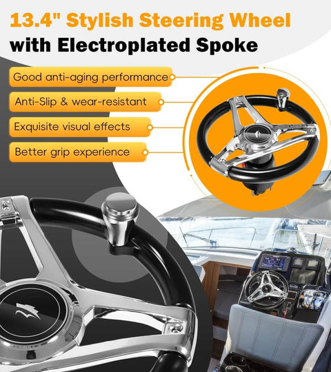 Beefed Up 200HP Hydraulic Outboard Steering Kit For Boats With Electroplated Steering Wheel, close-up view showing features.