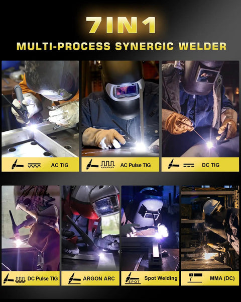 Welders using 200A AC DC TIG Welder With Pulse 220V 6 In 1 Aluminum Welding Machine with large LCD display in action