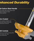 Pro Grade 3 Piece Lock Miter Router Bit Set Delivers Smooth 45 Degree Cuts With A Rugged 1/4 Inch Shank And Premium Carbide Blades showing high-carbon steel handle and carbide tip.