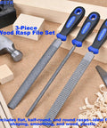 Solid Wood Rasp File Set Including Flat Half Round And Round Tool Heads For Tackling Every Kickass Carving Job with three tools laid out.
