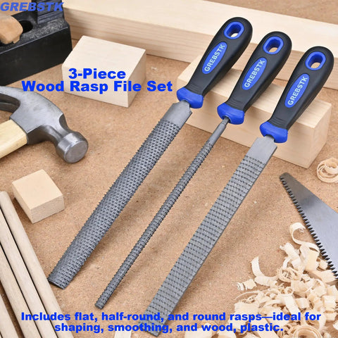Solid Wood Rasp File Set Including Flat Half Round And Round Tool Heads For Tackling Every Kickass Carving Job with three tools laid out.