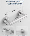 Wall Mount Double Post Pivoting Toilet Paper Holder in Brushed Nickel, SUS304 Stainless Steel Rustproof Design, with measurements.