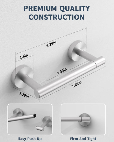 Wall Mount Double Post Pivoting Toilet Paper Holder in Brushed Nickel, SUS304 Stainless Steel Rustproof Design, with measurements.