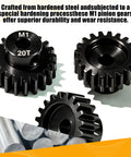 Close-up view of 20T 5mm Bore Hardened Steel Motor Pinion Gear 3 Pack For 1/8 And 1/10 RC Crawlers Monster Trucks Short Course Trucks And Boats Fits 550 540 Motors 5mm Shafts Compatible With Traxxas Axial FMS HSP Losi Redcat showcasing durability and wear resistance, highlighting the gear's material and teeth design.