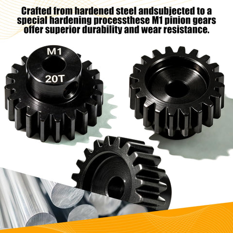 Close-up view of 20T 5mm Bore Hardened Steel Motor Pinion Gear 3 Pack For 1/8 And 1/10 RC Crawlers Monster Trucks Short Course Trucks And Boats Fits 550 540 Motors 5mm Shafts Compatible With Traxxas Axial FMS HSP Losi Redcat showcasing durability and wear resistance, highlighting the gear's material and teeth design.