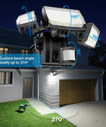 70W Motion Sensor Plug In Outdoor Flood Light installed on house wall illuminating driveway, showing adjustable angles and wide coverage